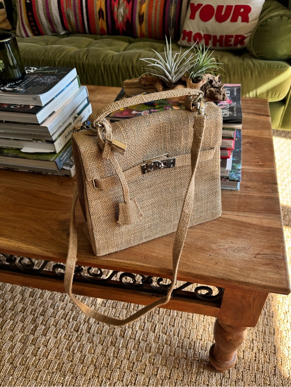 Kelly Style Satchel Top Handle / Crossbody Bag - Natural Jute/Burlap - 25cm